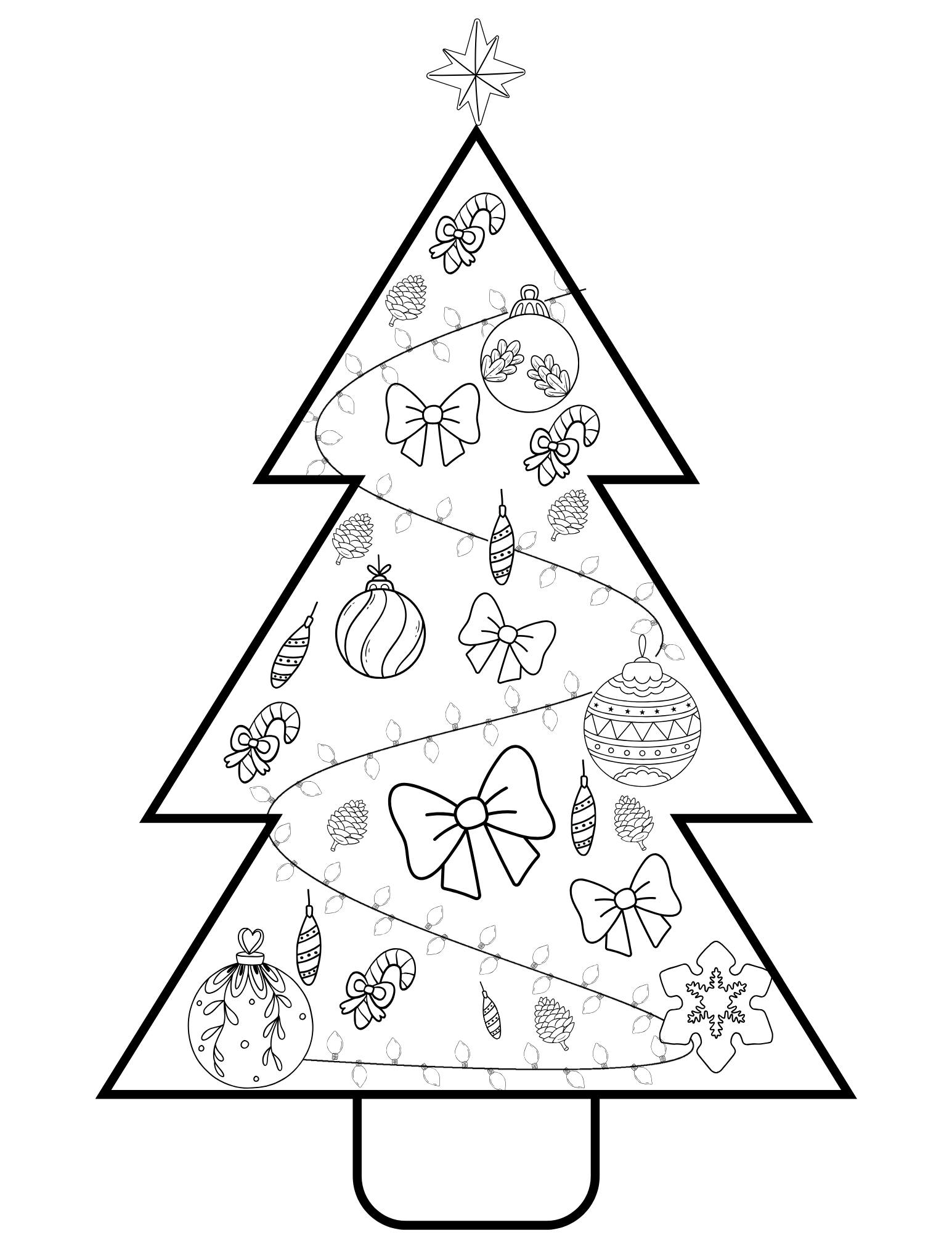 A festive Christmas tree Christmas Coloring Page with ornaments on it. This printable Christmas Coloring Page is perfect for the holiday season from Wondermom Shop.