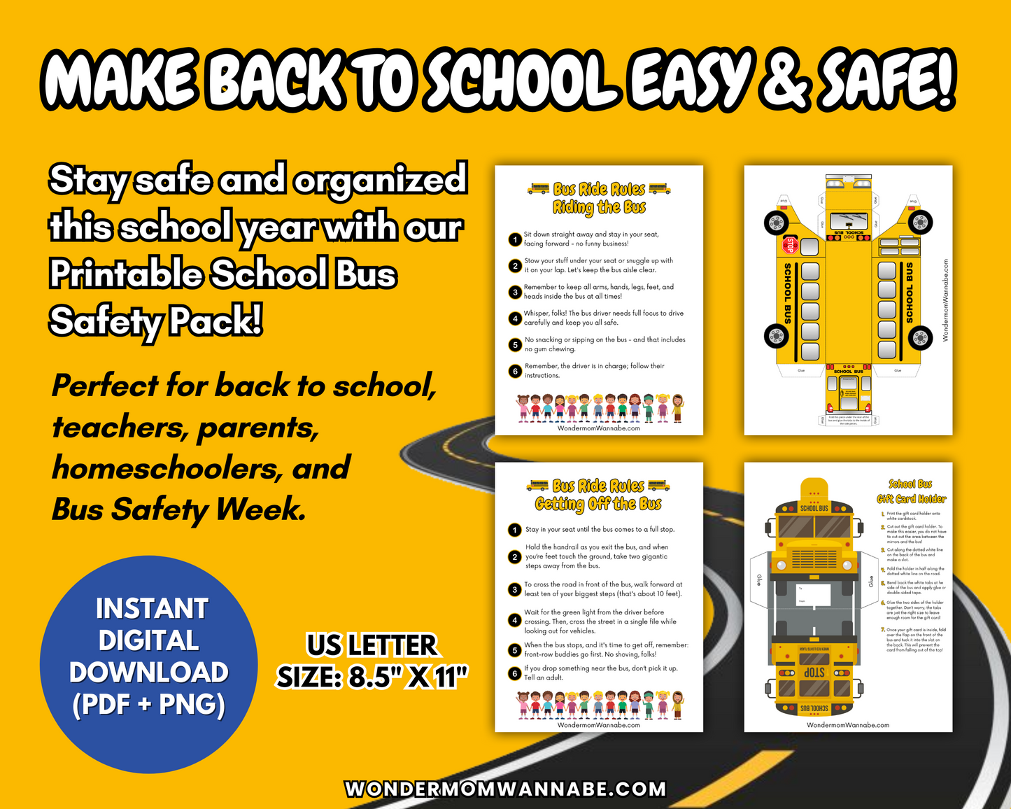 Promotional graphic for the School Bus Safety Printable Pack for Kids by Wondermom Shop, featuring checklists, a bus diagram, and digital download in PDF/PNG formats at 8.5" x 11".