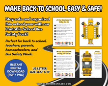 Load image into Gallery viewer, Promotional graphic for the School Bus Safety Printable Pack for Kids by Wondermom Shop, featuring checklists, a bus diagram, and digital download in PDF/PNG formats at 8.5&quot; x 11&quot;.
