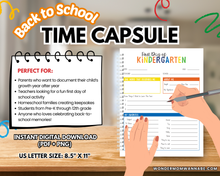 Load image into Gallery viewer, Create lasting memories with the School Time Capsule PDF from Wondermom Shop—perfect for young students. This digital template includes a sample kindergarten worksheet and is an ideal first day of school keepsake.
