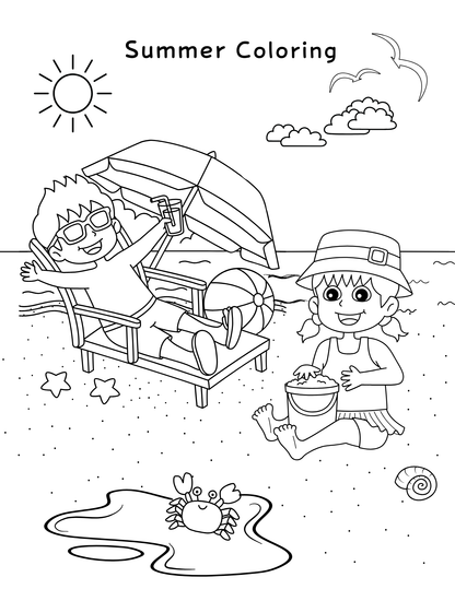 Two kids enjoy the beach—one sips a drink under an umbrella, the other builds a sandcastle. Capture this summer fun with the Printable Summer Activity Book by Wondermom Shop—an instant download and screen-free activity for kids!.