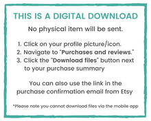 Load image into Gallery viewer, To download your Wondermom Shop Easter Game Pack from Etsy, go to your profile and find the purchase. Click the download link for files. Note: Downloads aren&#39;t available on the mobile app, so use a desktop device for best results.
