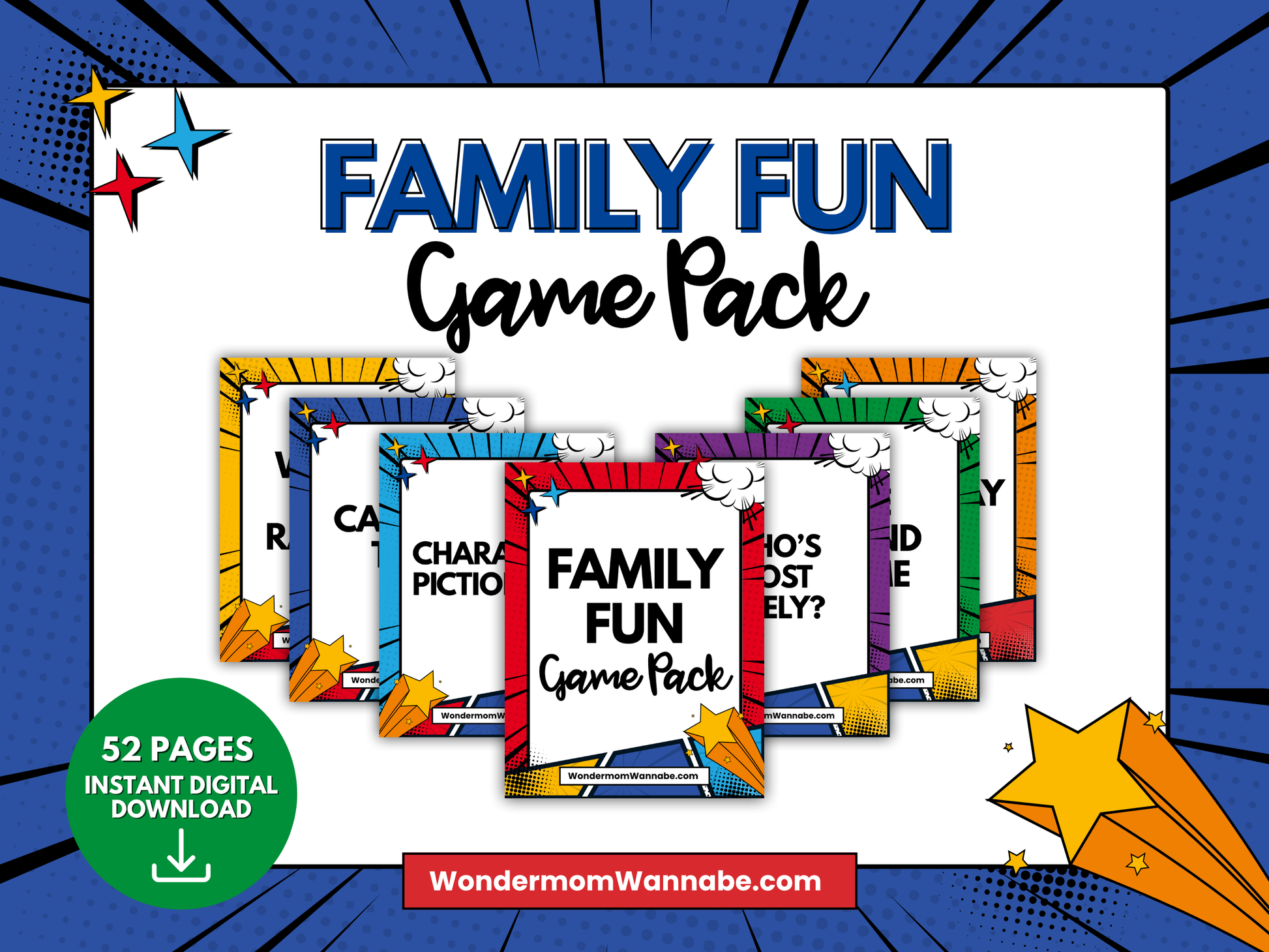 Family Fun Game Pack promo image with vibrant printable cards and text showcasing a 52-page instant digital family games download from Wondermom Shop.