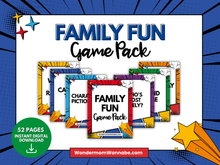 Load image into Gallery viewer, Family Fun Game Pack promo image with vibrant printable cards and text showcasing a 52-page instant digital family games download from Wondermom Shop.
