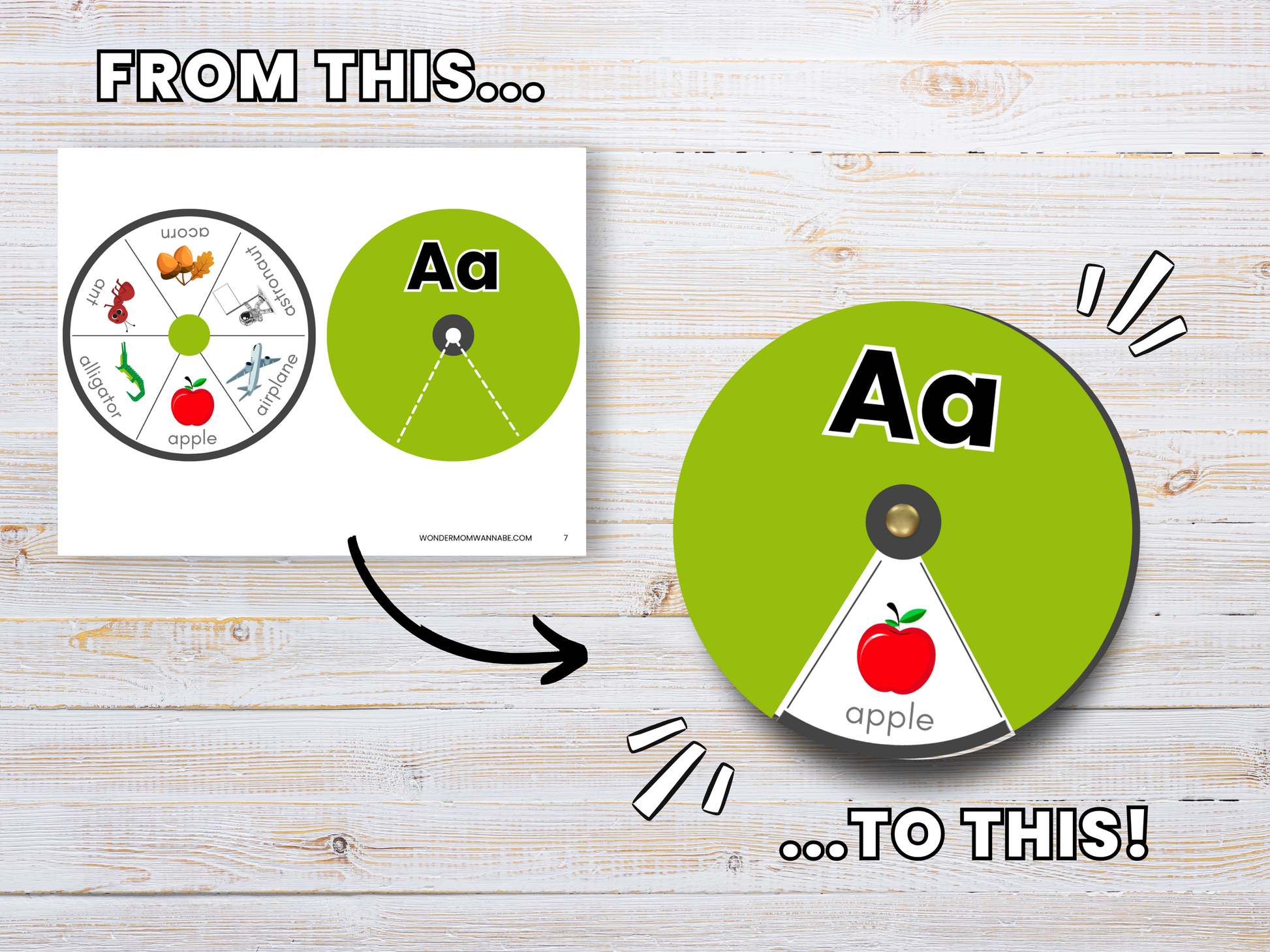 The Alphabet Spin & Learn – Printable Letter Spinners by Wondermom Shop includes a worksheet and completed spinner, showing the letter "A" and an apple image for fun and engaging letter recognition activities.