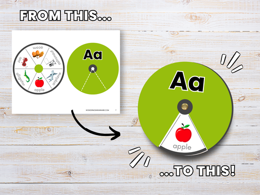 The Alphabet Spin & Learn – Printable Letter Spinners by Wondermom Shop includes a worksheet and completed spinner, showing the letter "A" and an apple image for fun and engaging letter recognition activities.