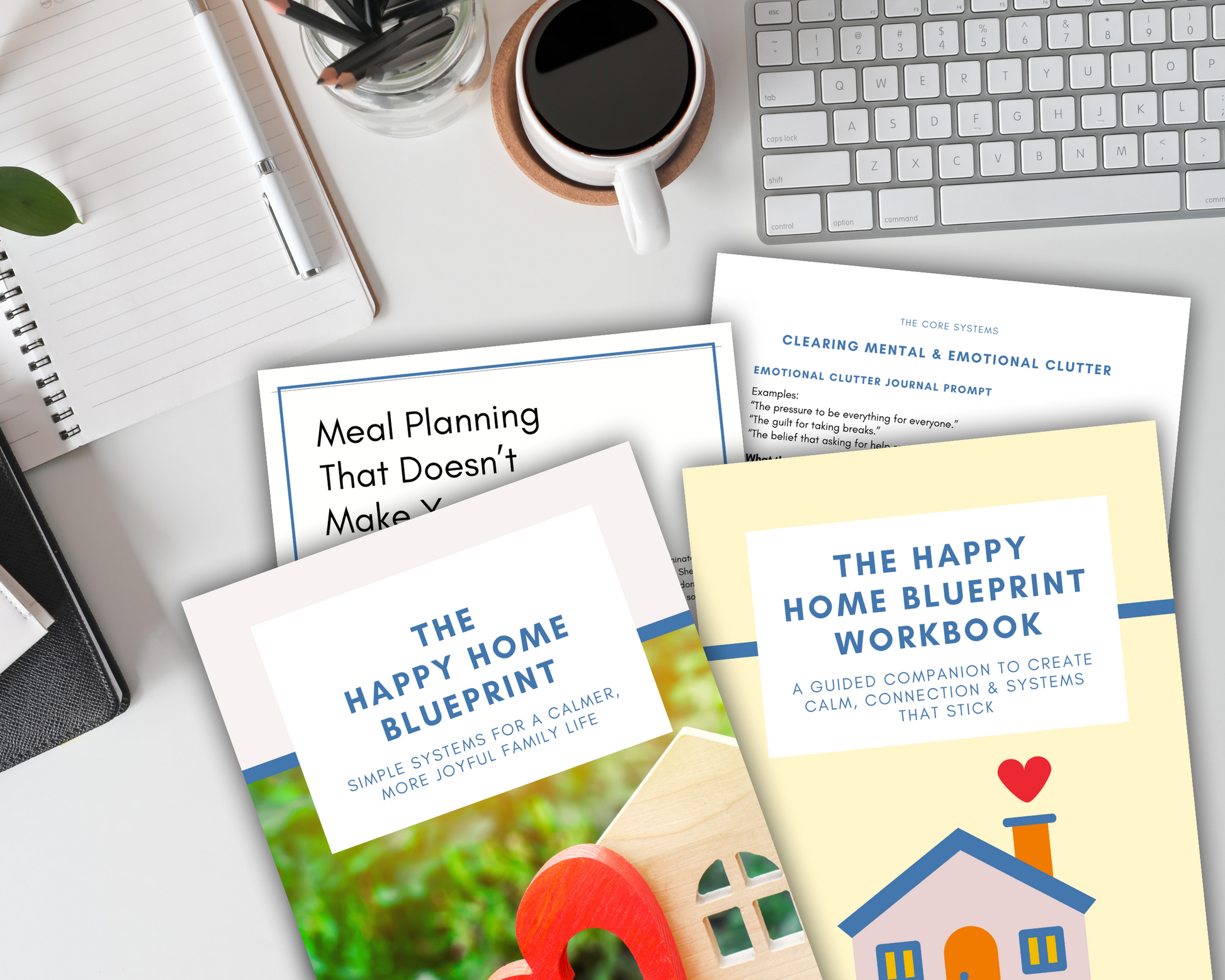 Create your ideal workspace with coffee, notebooks, and the Wondermom Shop's "The Happy Home Blueprint Bundle: Book + Workbook Combo"—the perfect printable set to simplify your home.