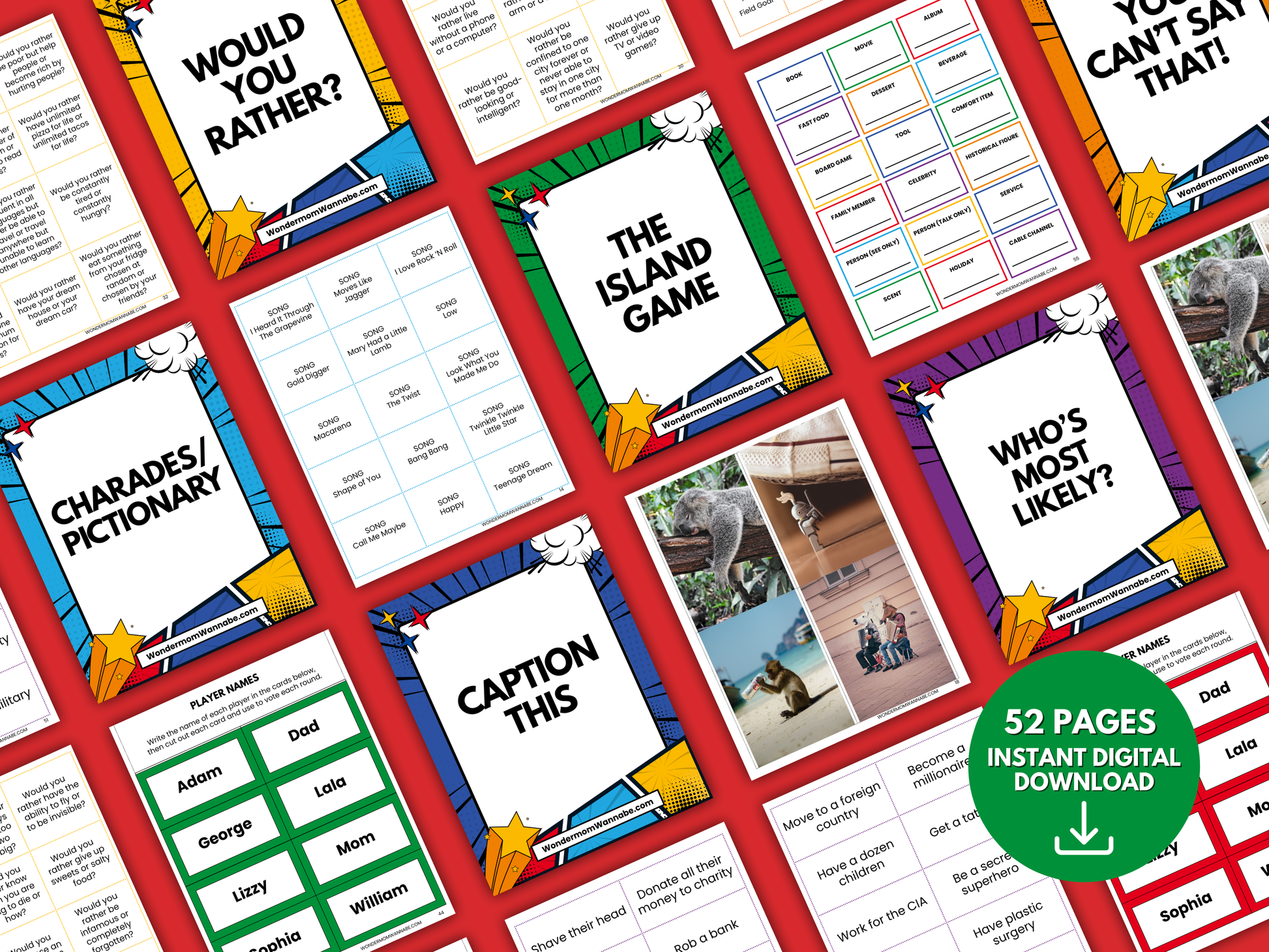 A flat lay of colorful printable cards from the Family Fun Game Pack by Wondermom Shop for party activities like "Would You Rather?", "Charades/Pictionary," and "Caption This." Green badge: “52 Pages Instant Digital Download.”.