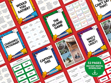 Load image into Gallery viewer, A flat lay of colorful printable cards from the Family Fun Game Pack by Wondermom Shop for party activities like &quot;Would You Rather?&quot;, &quot;Charades/Pictionary,&quot; and &quot;Caption This.&quot; Green badge: “52 Pages Instant Digital Download.”.
