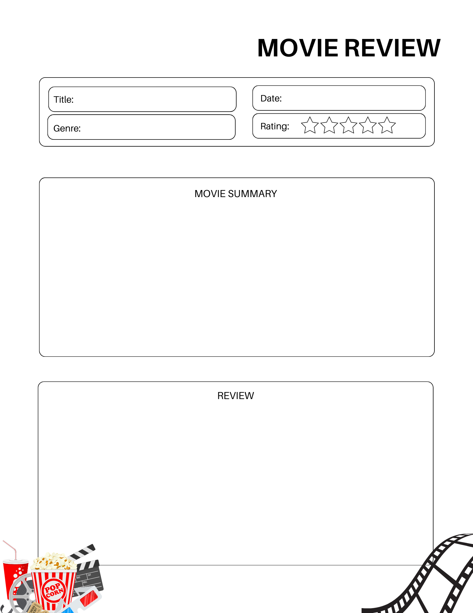 The Movie Journal by VIP Vault features a blank movie review template with sections for title, date, genre, and rating. Film icons like popcorn and a clapperboard add flair to the corners, making it perfect for recording memorable film nights and enhancing family fun and bonding experiences.
