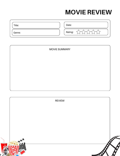The Movie Journal by VIP Vault features a blank movie review template with sections for title, date, genre, and rating. Film icons like popcorn and a clapperboard add flair to the corners, making it perfect for recording memorable film nights and enhancing family fun and bonding experiences.