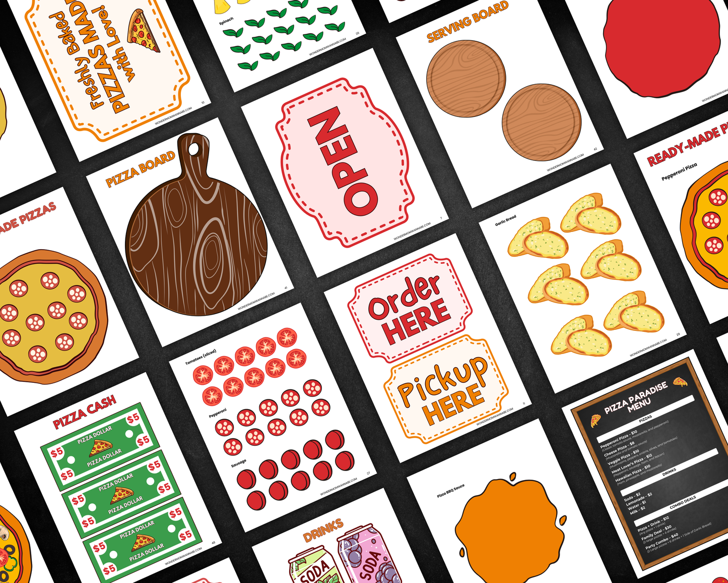 Pretend Play Wonder Pizza Store printable kit for kids featuring menus, pizza toppings, cash, recipe cards, and signs.