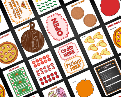 Pretend Play Wonder Pizza Store printable kit for kids featuring menus, pizza toppings, cash, recipe cards, and signs.