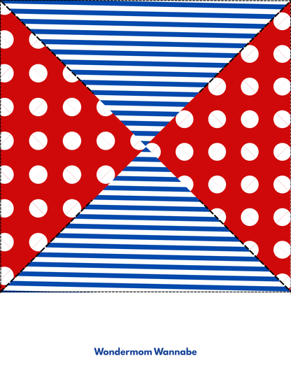 A geometric design with blue and white stripes and red triangles with white polka dots, inspired by the Easy 4th of July Pinwheel Craft for Kids from Wondermom Shop; text below reads "Wondermom Shop.