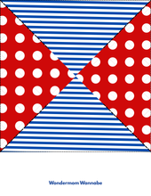 Load image into Gallery viewer, A geometric design with blue and white stripes and red triangles with white polka dots, inspired by the Easy 4th of July Pinwheel Craft for Kids from Wondermom Shop; text below reads &quot;Wondermom Shop.
