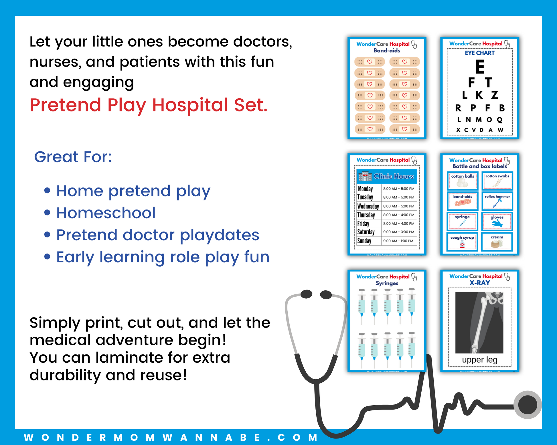 Wondermom Shop’s Pretend Play Hospital Printable Kit for Kids, the WonderCare Role Play Set, includes X-rays, medical forms, staff badges & more—perfect for home, homeschool, or early learning dramatic play printables and role play fun.