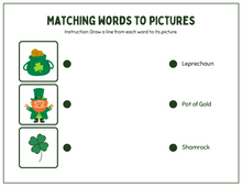 Load image into Gallery viewer, Explore the St. Patrick’s Day Activity Pages by Wondermom Shop, featuring fun images: a leprechaun, a bag filled with coins, and a shamrock. Match them to the words Leprechaun, Pot of Gold, Shamrock for an engaging educational experience!.

