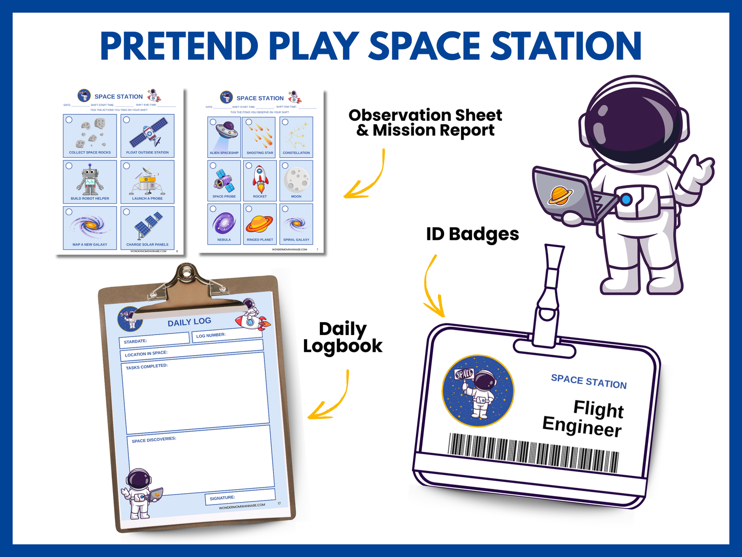 Printable Space Station pretend play set with mission reports, daily logs, ID badges, and observation sheets for kids to role-play as astronauts.