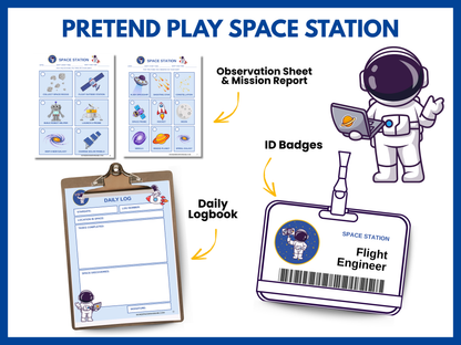 Printable Space Station pretend play set with mission reports, daily logs, ID badges, and observation sheets for kids to role-play as astronauts.