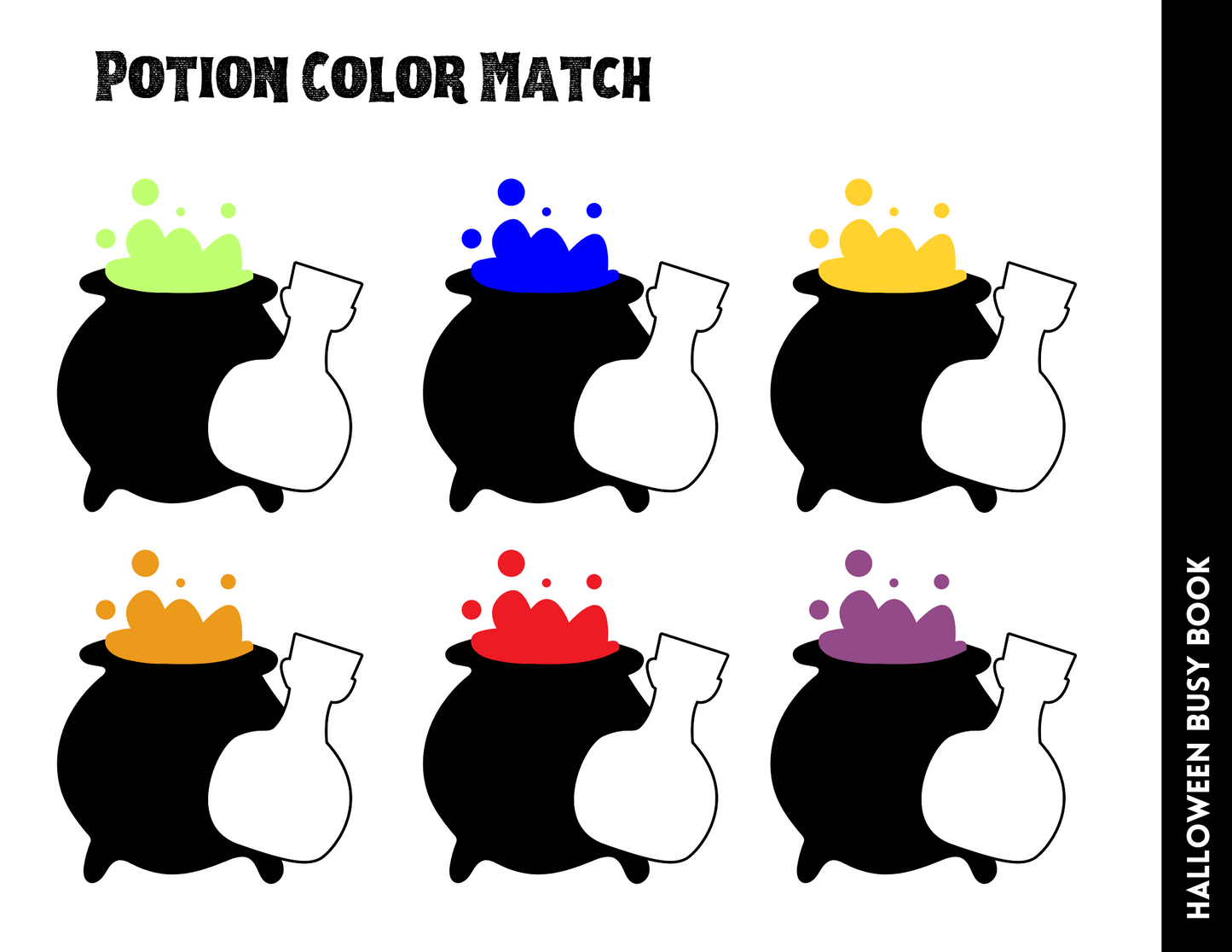 Explore a spooktacular "Potion Color Match" challenge featured in the Halloween Busy Book for Kids by Wondermom Shop. This Halloween-themed activity includes six cauldrons overflowing with vibrant potions—green, blue, yellow, orange, red, and purple—each accompanied by matching bottles. It's the perfect blend of learning and play!