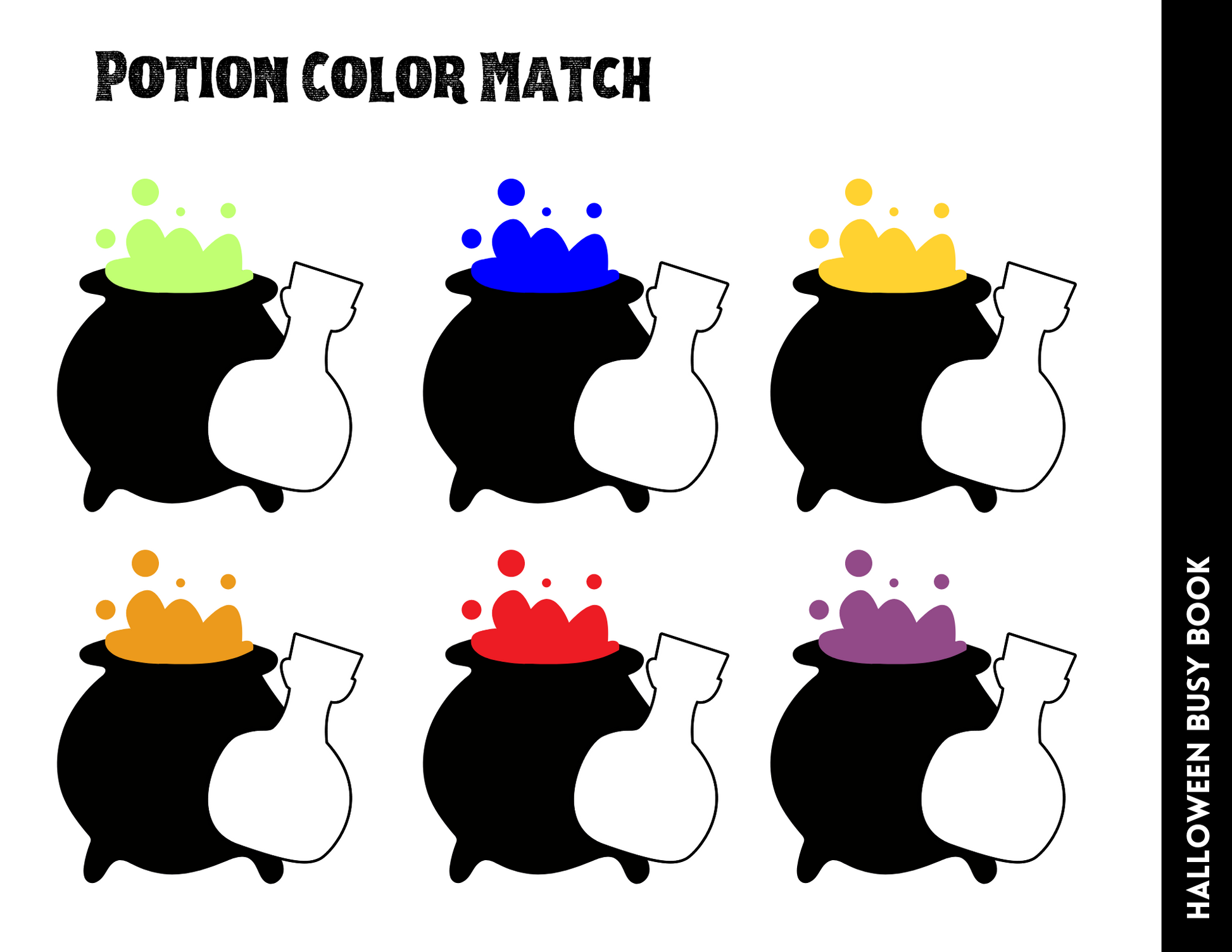 Explore a spooktacular "Potion Color Match" challenge featured in the Halloween Busy Book for Kids by Wondermom Shop. This Halloween-themed activity includes six cauldrons overflowing with vibrant potions—green, blue, yellow, orange, red, and purple—each accompanied by matching bottles. It's the perfect blend of learning and play!
