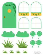 Load image into Gallery viewer, The &quot;St. Patrick’s Day Leprechaun Trap Printable&quot; by Wondermom Shop includes a green door, clovers, window frames, vines, and grassy plants. Cut and glue each element to craft your leprechaun trap for kids&#39; fun DIY activity!.
