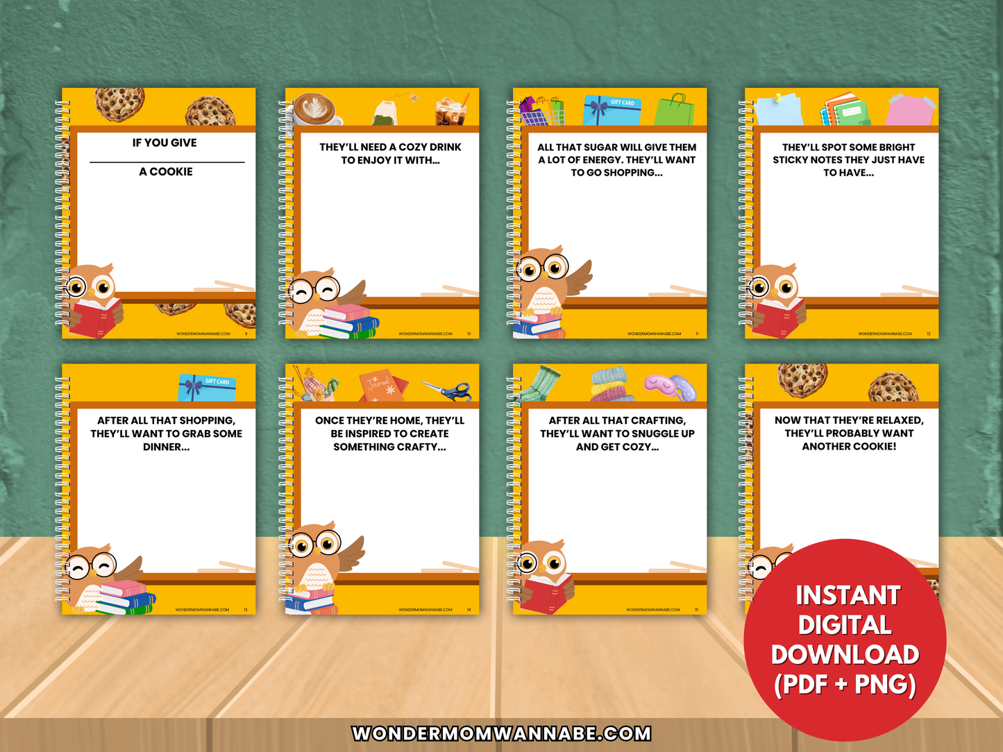 Thumbnail layout of multiple colorful pages from the gift book featuring cookies, owls, school supplies, and fun captions.