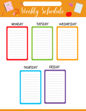 Load image into Gallery viewer, A colorful School Planner with school supplies on an orange background from Wondermom Shop.
