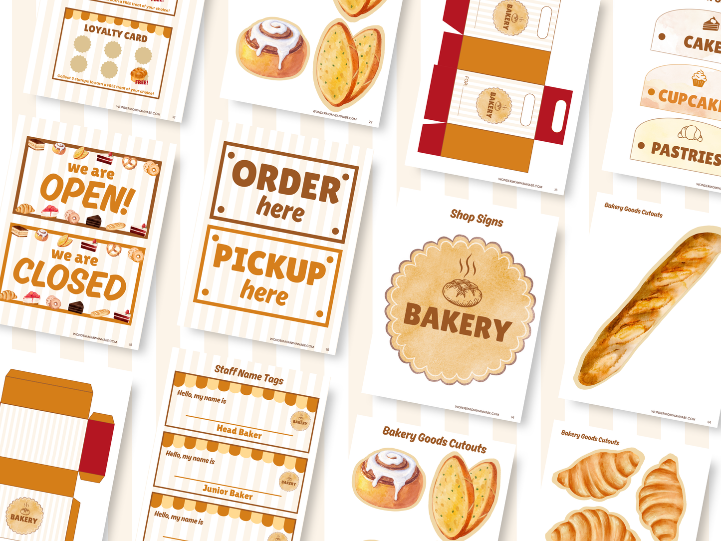 Close-up preview of Pretend Play Bakery printables including open/closed signs, order forms, bakery signs, baguette cutouts, staff name tags, gift box templates, and pastries.