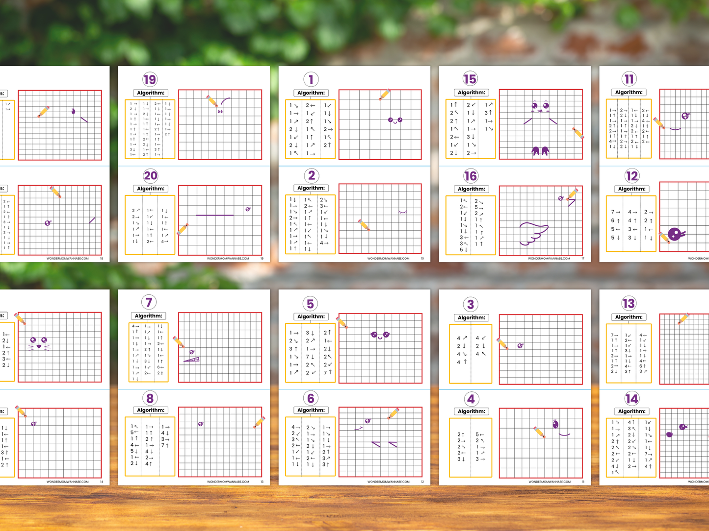 Full set of 10 printable kids coding workbook pages with algorithm grid activities.