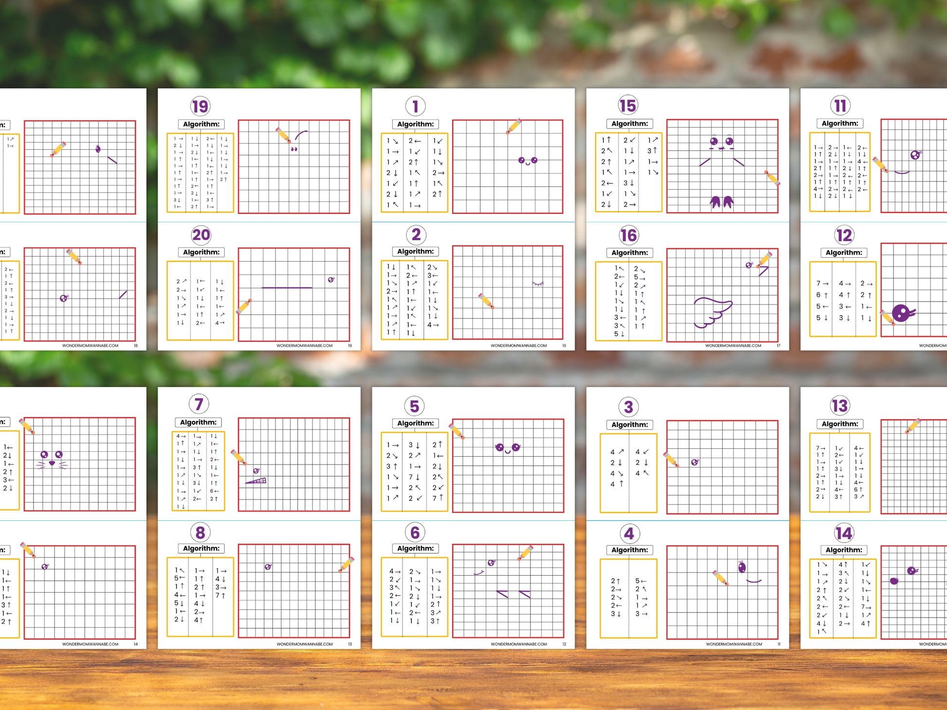 Full set of 10 printable kids coding workbook pages with algorithm grid activities.