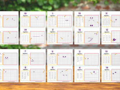 Full set of 10 printable kids coding workbook pages with algorithm grid activities.