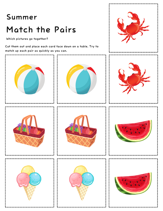 The Printable Summer Activity Book by Wondermom Shop includes a summer-themed matching game sheet with crab, beach ball, picnic basket, watermelon slice, and ice cream cone—each shown twice. Great for screen-free fun!.