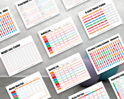 The Ultimate Health & Wellness Planner by Wondermom Shop features colorful fitness and health tracking sheets, including a prescription tracker, habit trackers, meal plans, and exercise logs, all displayed on a gray background.