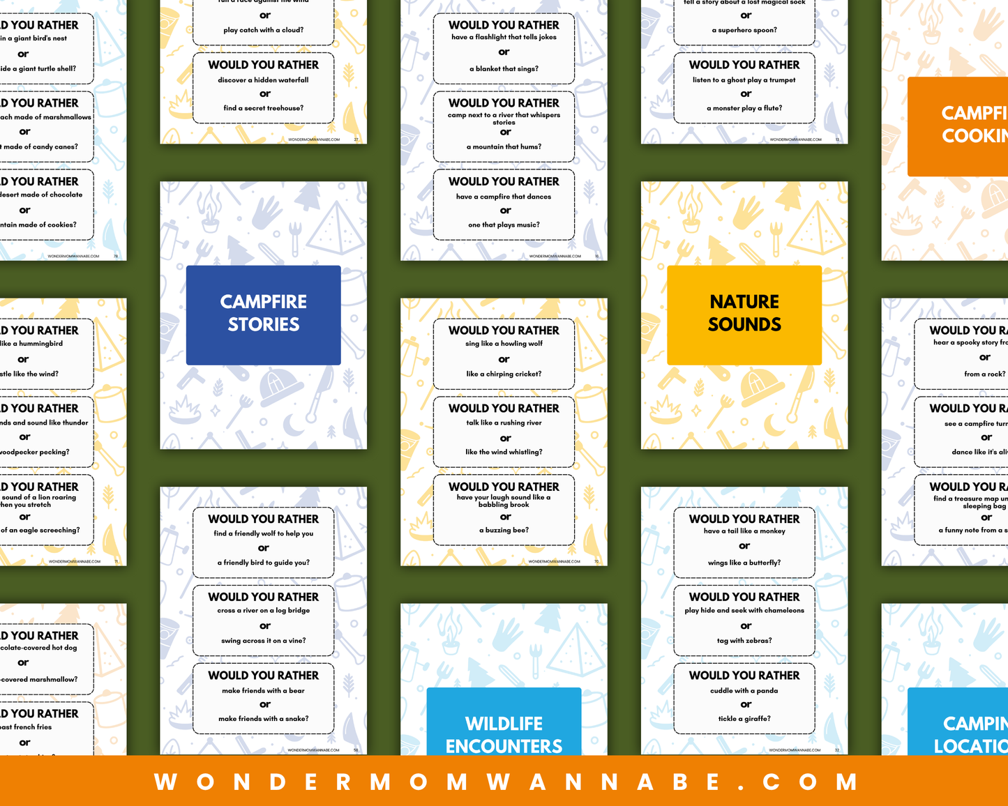 A flat lay of Wondermom Shop’s "Would You Rather? Camping Edition" printable game for kids and families, featuring camping-themed activity cards with prompts like “Would You Rather Camping?” on a green background.