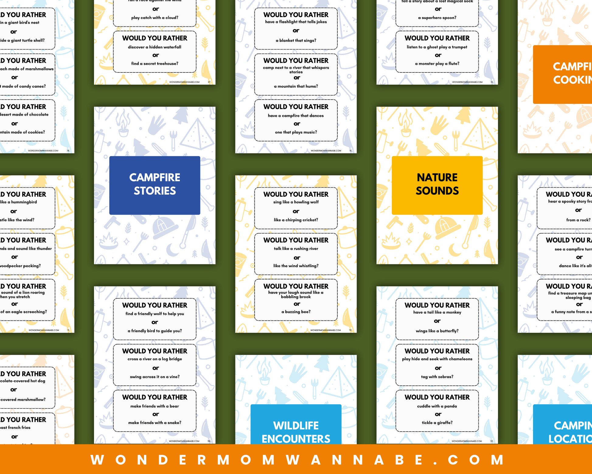 A flat lay of Wondermom Shop’s "Would You Rather? Camping Edition" printable game for kids and families, featuring camping-themed activity cards with prompts like “Would You Rather Camping?” on a green background.