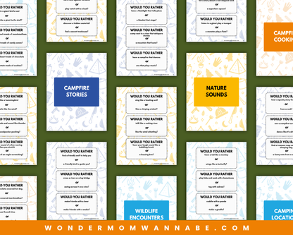 A flat lay of Wondermom Shop’s "Would You Rather? Camping Edition" printable game for kids and families, featuring camping-themed activity cards with prompts like “Would You Rather Camping?” on a green background.