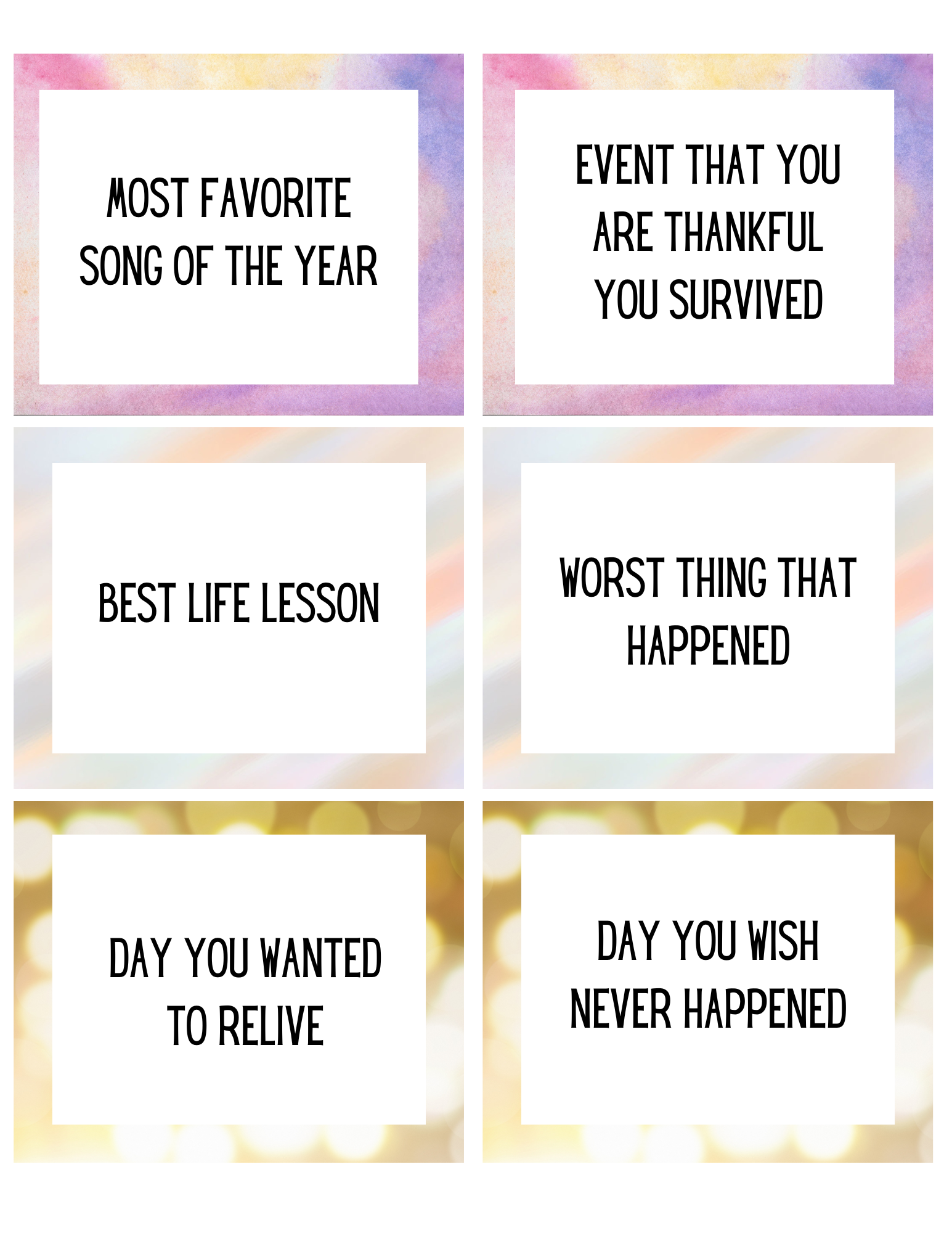 Explore Wondermom Shop's Best and Worst of the Year Card Game. It includes six prompt cards with themes like "Most Favorite Song of the Year" and "Event That You Are Thankful You Survived." Ideal for meaningful New Year's conversations.