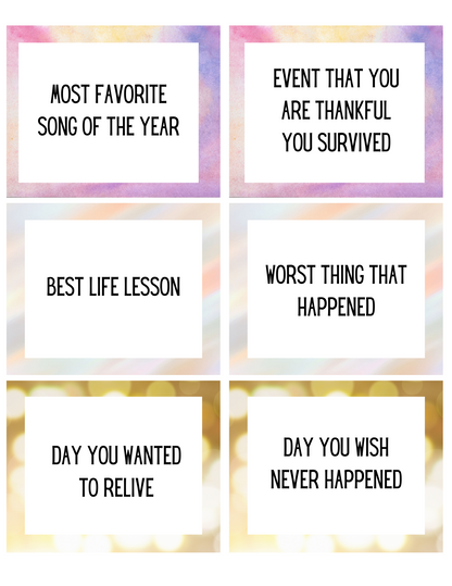 Explore Wondermom Shop's Best and Worst of the Year Card Game. It includes six prompt cards with themes like "Most Favorite Song of the Year" and "Event That You Are Thankful You Survived." Ideal for meaningful New Year's conversations.