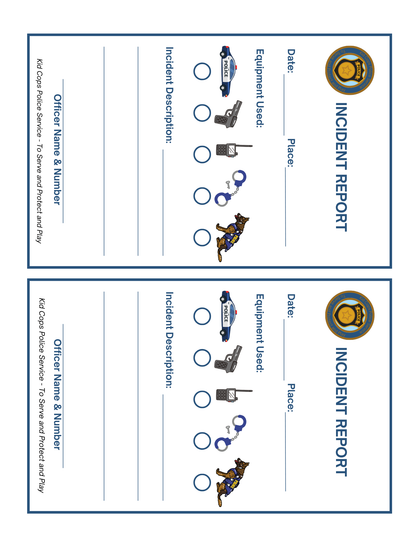 The Police Station Pretend Play set from Wondermom Shop includes two identical incident report cards, complete with areas for entering the date, place, officer's name, incident description, and equipment used. Each card is embellished with icons of law enforcement tools and a loyal police dog—perfect for encouraging imaginative play at a pretend police station.