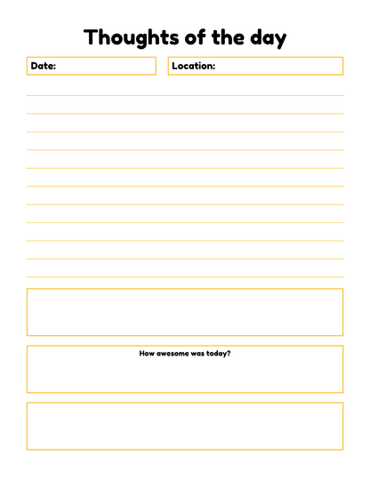 The Wondermom Shop Travel Journal for Kids – Fun, Easy & Memorable Vacation Keepsake! Printable PDF with date, location, lined writing space, and boxes to rate vacation memories.