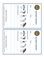 Load image into Gallery viewer, The Police Station Pretend Play set from Wondermom Shop includes two identical incident report cards, complete with areas for entering the date, place, officer&#39;s name, incident description, and equipment used. Each card is embellished with icons of law enforcement tools and a loyal police dog—perfect for encouraging imaginative play at a pretend police station.
