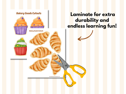 Printable bakery goods cutouts including cupcakes and croissants with scissors graphic and note about laminating for durability.