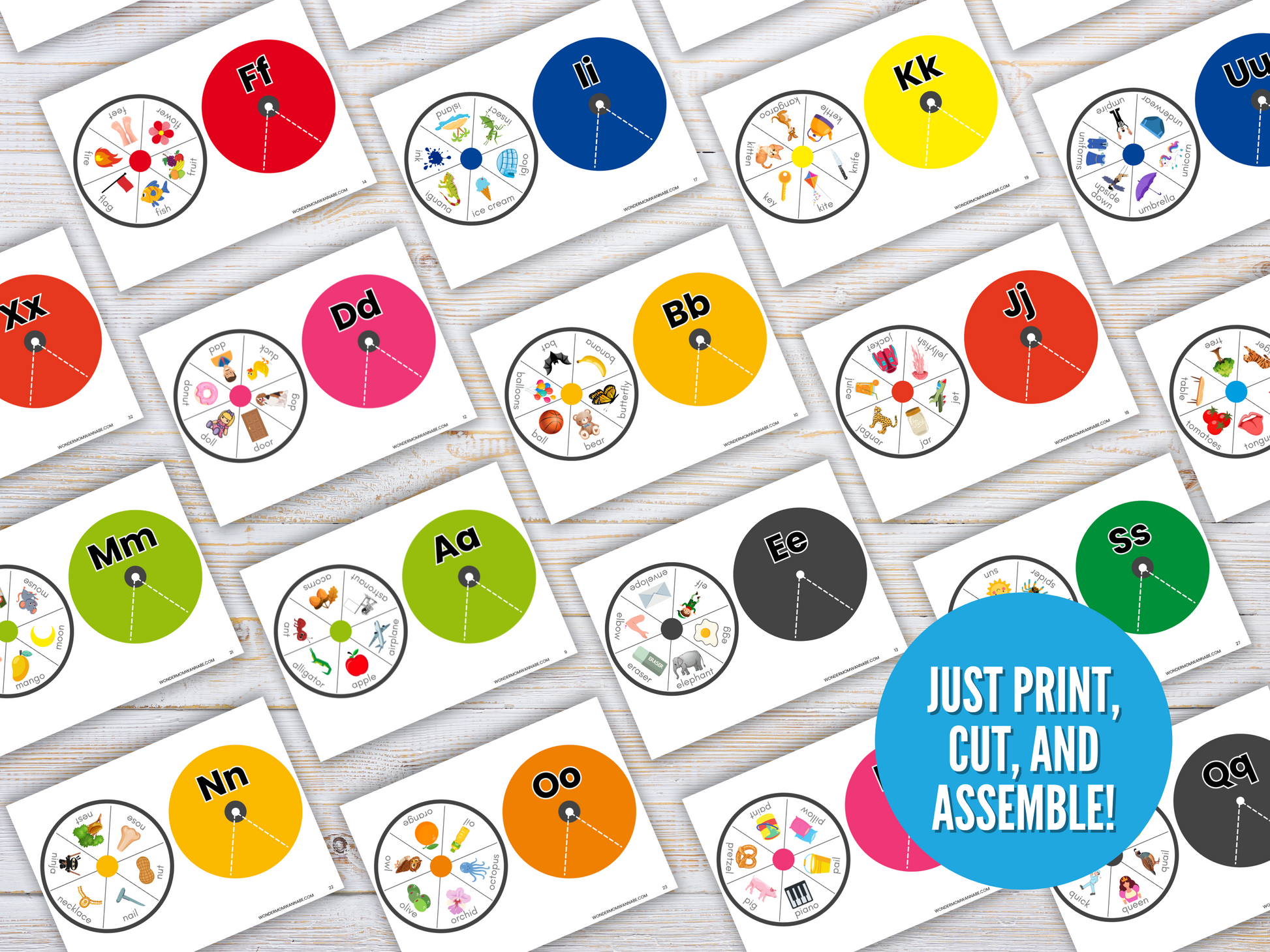 Wondermom Shop's Alphabet Spin & Learn – Printable Letter Spinners are shown spread out on a wooden surface. Each spinner features a unique letter and images, making letter recognition fun and easy—just print, cut, and assemble!.