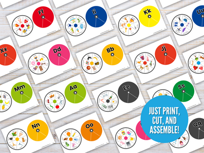 Wondermom Shop's Alphabet Spin & Learn – Printable Letter Spinners are shown spread out on a wooden surface. Each spinner features a unique letter and images, making letter recognition fun and easy—just print, cut, and assemble!.