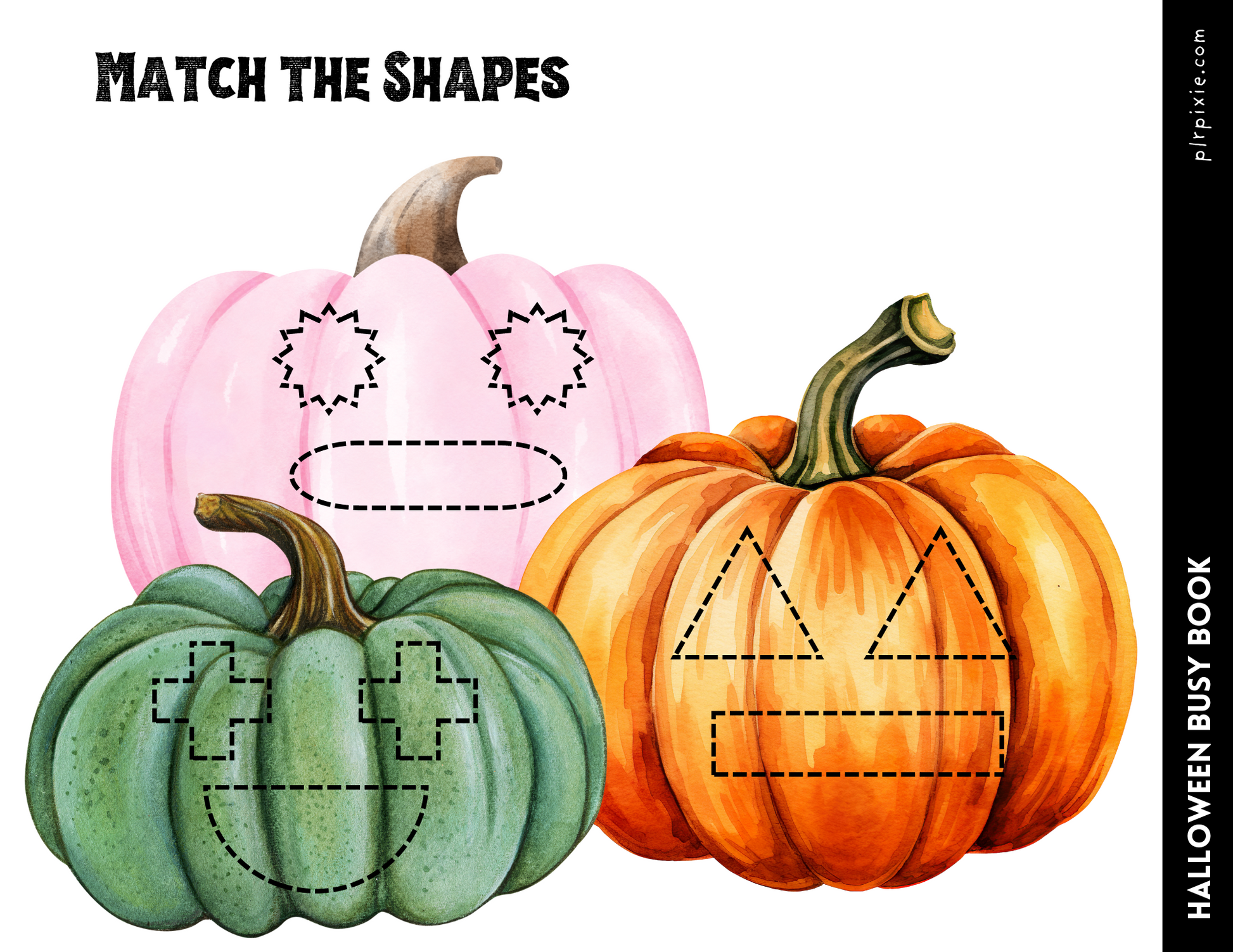 Introduce your children to the Halloween Busy Book for Kids from Wondermom Shop, featuring three playful pumpkins with outlined facial features designed to match shapes: pink with circles, green with crosses, and orange with triangles. This Halloween-themed activity is ideal for learning through play and is a fantastic addition to your collection.