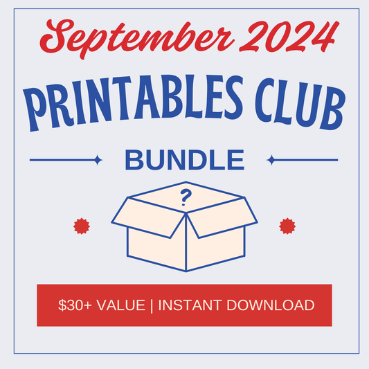 Graphic for Wondermom Shop’s “September 2024 Printables Club Bundle” shows a closed box and note: “$30+ value | Instant download.” Includes seasonal printables like a back-to-school routine planner.