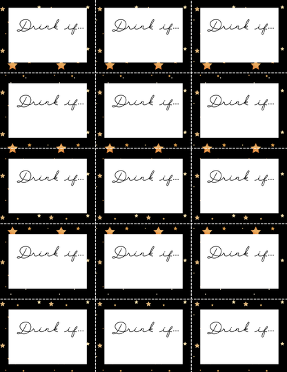 The New Year Drink If Game by Wondermom Printables features 15 blank cards with a starry border on black, ideal for adding fun to your celebration.