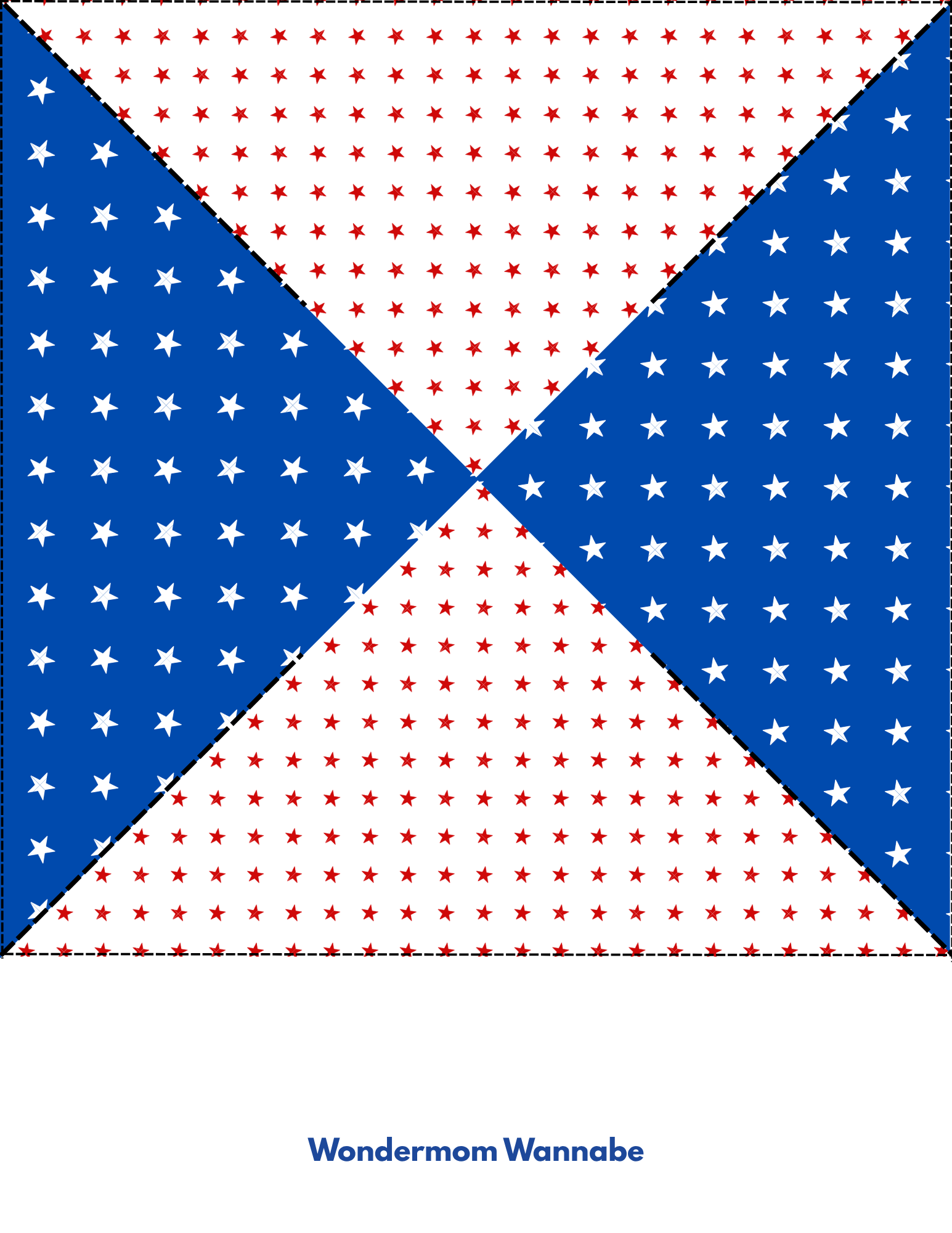 The Easy 4th of July Pinwheel Craft for Kids from Wondermom Shop features blue triangles with white stars and a white background with red stars, plus "Wondermom Wannabe" text—perfect for festive printable pinwheel patterns.