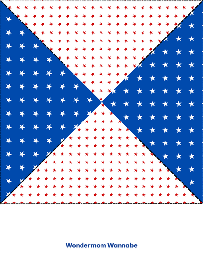 The Easy 4th of July Pinwheel Craft for Kids from Wondermom Shop features blue triangles with white stars and a white background with red stars, plus "Wondermom Wannabe" text—perfect for festive printable pinwheel patterns.